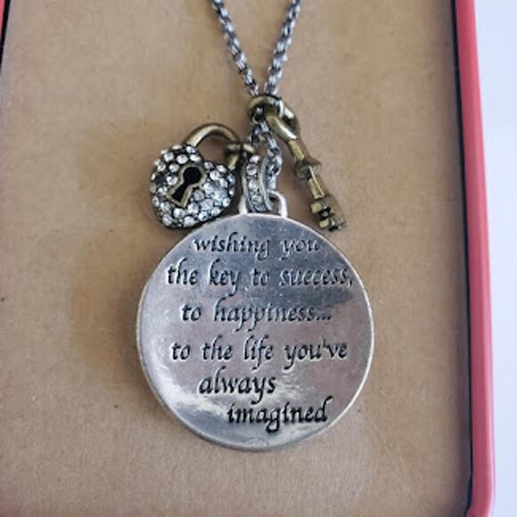 Fossil Necklace with 2 Charms Wishing You The‎ Key to Success Silver Tone NWOT - Picture 1 of 5